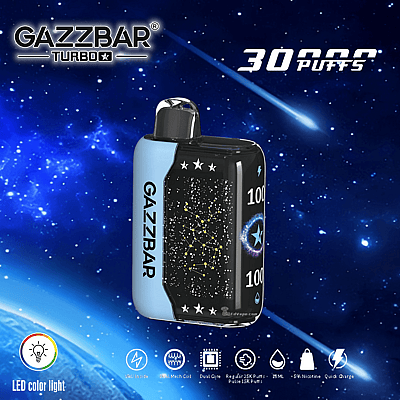 GAZZBAR Turbo-Dampfgerät mit Weltraum-Hintergrund und leuchtendem Sternbild-Design auf dem Gerät. Der Text hebt „30.000 PÜFFE“ und verschiedene Funktionen hervor, wie LED-Farblicht, Dual Core, Schnellladung und 5% Nikotin.