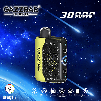 Gazzbar Turbo-Vape-Gerät mit Weltraumdesign, 30.000 Zügen Kapazität, LED-Farblicht und verschiedenen Funktionssymbolen an der Unterseite.