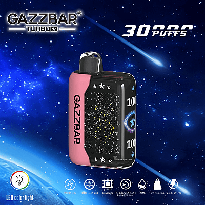 GazzBar Turbo-Vape-Gerät mit einer Kapazität von 30.000 Zügen, LED-Farblichtfunktion und verschiedenen Spezifikationen, dargestellt vor einem Sternenhimmel-Hintergrund.