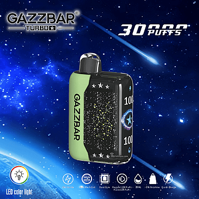Gazzbar Turbo 10000 Züge Vape-Gerät mit LED-Farblicht, angezeigt vor einem sternenklaren Weltraumhintergrund.