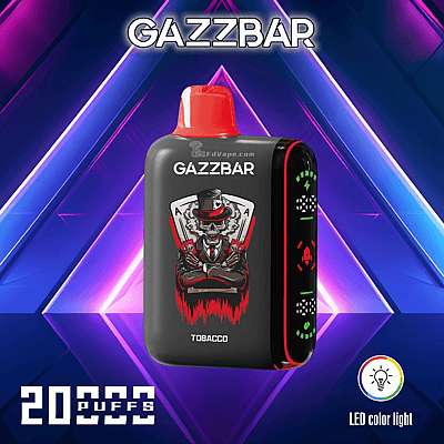 Gazzbar vape device with 20,000 puffs capacity and LED color light, featuring a design with a skeleton in a top hat and tuxedo holding ace cards, branded with "Tobacco."
