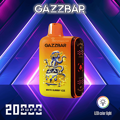 Colorful vape device labeled "GAZZBAR" with "White Gummy Ice" flavor, featuring a graphic of an octopus and a van. The background is composed of vibrant, geometric neon lights. Text reads "20,000 puffs" and "LED color light."
