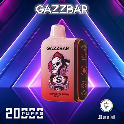 Dispositivo de vapeo GazzBar Tropical Rainbow Blast con ilustración de calavera, publicidad de 20.000 bocanadas y una luz LED de color sobre un fondo geométrico.