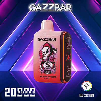 GazzBar Tropical Rainbow Blast vape device with a skull artwork, advertising 20,000 puffs and an LED color light on a geometric background.