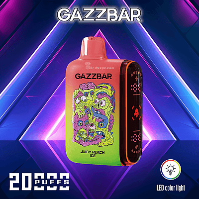 Gazzbar Juicy Peach Ice vape device on a vibrant neon background with text highlighting 20,000 puffs and LED color light.