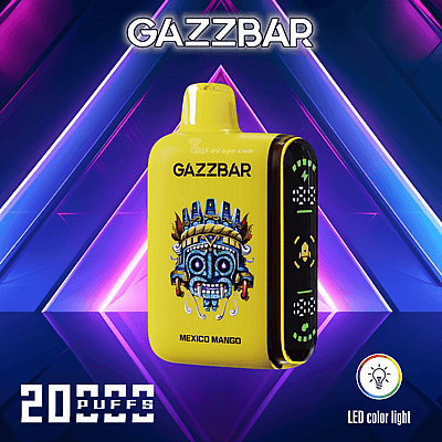 Gazzbar disposable vape labeled "Mexico Mango" with 20,000 puffs, LED color light, and an intricate Aztec-style mask graphic on a yellow background.