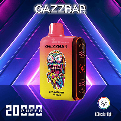GazzBar Strawberry Mango e-cigarette with 20,000 puffs, featuring LED color light, on a vibrant geometric background.