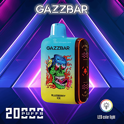 GazzBar disposable vape with a colorful skull design, labeled "Blueberry Ice," 20,000 puffs, LED color light.