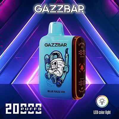 Dispositivo de vapeo Gazzbar con sabor “Blue Razz Ice”, que presenta una ilustración de personaje de astronauta, capacidad de 20.000 bocanadas e indicador de luz de color LED.