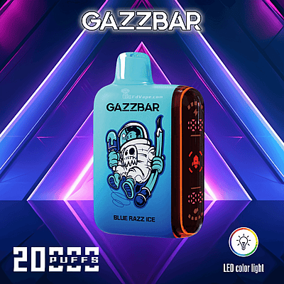 Gazzbar vape device with "Blue Razz Ice" flavor, featuring an astronaut character illustration, 20,000 puffs capacity, and LED color light indicator.