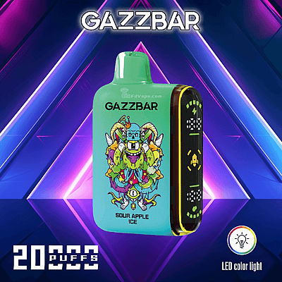 GAZZBAR vape device with "Sour Apple Ice" flavor, colorful design, 20,000 puffs, and LED color light feature against a vibrant geometric background.
