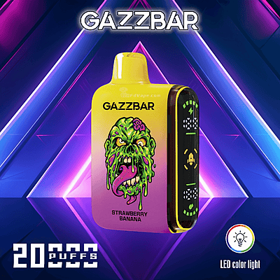 Colorful vaping device with the brand name "GAZZBAR" and "20,000 puffs" displayed, featuring a graphic of a green zombie face with the flavor "Strawberry Banana" indicated. Background includes futuristic neon lights, and an icon indicating an LED color light feature.