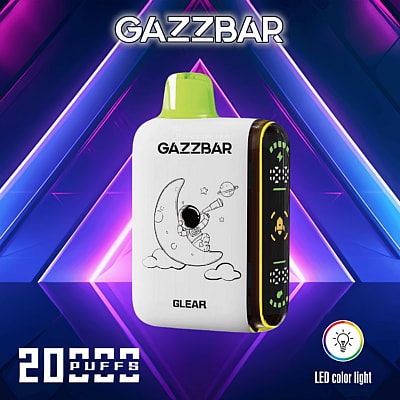 Dispositivo de vapeo GazzBar Glear con texto "20,000 bocanadas", una ilustración de astronauta en el cuerpo, un ícono de luz LED de color y un fondo geométrico.
