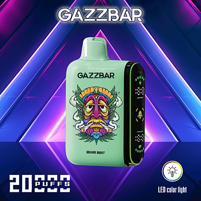 Dispositivo de vapeo Gazzbar con sabor Miami Mint, que muestra la función de luz de color LED y 20.000 bocanadas sobre un fondo geométrico.