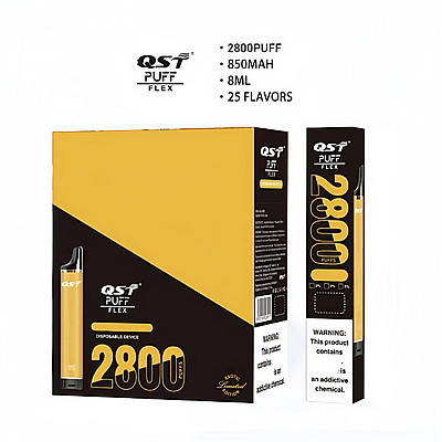 Dispositivo di svapo monouso QST Puff Flex con 2800 boccate, batteria da 850 mAh, capacità di 8 ml e 25 aromi.