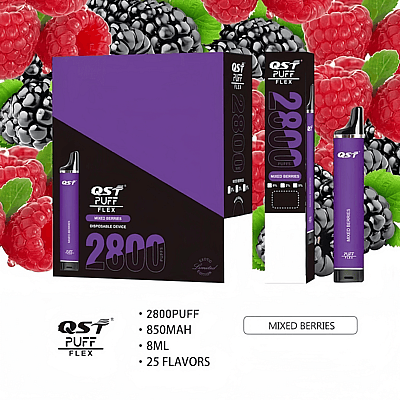 Una scatola di un dispositivo per lo svapo viola e nero con l'etichetta "QST Puff Flex", contenente il gusto "Mixed Berries", 2800 tiri, batteria da 850 mAh e capacità di 8 ml, circondata da immagini di lamponi e more.