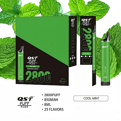 Confezione del dispositivo di svapo monouso QST Puff Flex con 2800 boccate, batteria da 850 mAh, capacità di 8 ml e fresco sapore di menta, raffigurato con foglie di menta sullo sfondo.