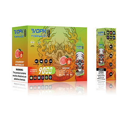 Box for VOPK Tornado 9000 disposable vape, strawberry watermelon flavor, with skull graphics and nicotine levels indicated. Warning label: "This product contains nicotine. Nicotine is an addictive chemical."