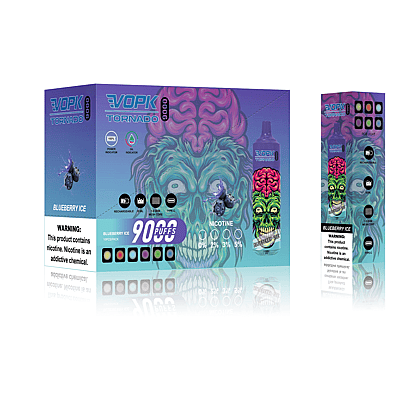 Vape product packaging for VOPK Tornado, featuring a "Blueberry Ice" flavor, 9000 puffs, and nicotine strength options. The design includes a colorful skull graphic and product details with a warning label about nicotine.