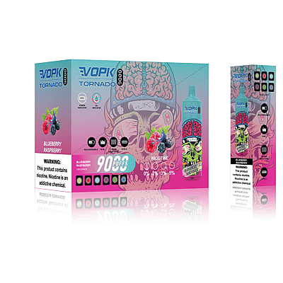 Vape box with a skull design, labeled "VOPK Tornado 9000" and "Blueberry Raspberry." Includes warnings about nicotine addiction and features like rechargeable, 9000 puffs, and nicotine options of 0%, 2%, 3%, 5%.