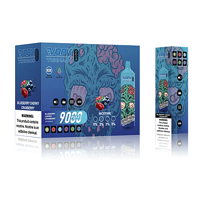 Packaging for EVOK Tornado 9000 vape featuring Blueberry Cherry Cranberry flavor. Includes product image, flavor details, nicotine levels (0%, 2%, 3%, 5%), 9000 puffs indicator, and a nicotine addiction warning label.