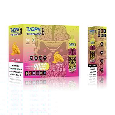Verpackung für die E-Zigarette VOPK Tornado 9000 mit dreifachem Mangogeschmack. Zu den Merkmalen zählen Nikotinstärken (0%, 2%, 3%, 5%) und 9000 Züge, mit einer stilisierten Totenkopfgrafik und deutlich erkennbarem „WARNUNG: Dieses Produkt enthält Nikotin. Nikotin ist eine süchtig machende Chemikalie.“