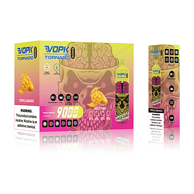 Packaging for VOPK Tornado 9000 triple mango-flavored e-cigarette, features include nicotine levels (0%, 2%, 3%, 5%) and 9000 puffs, with a stylized skull graphic and prominent "WARNING: This product contains nicotine. Nicotine is an addictive chemical."