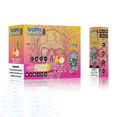 Verpackung für Evopk Tornado 9000 Peach Mango Pineapple Vape mit Warnhinweis, dass das Produkt Nikotin enthält. Enthält eine Totenkopfgrafik, Anzeigen für 90 Züge und Nikotinwerte (0%, 2%, 3%, 5%).