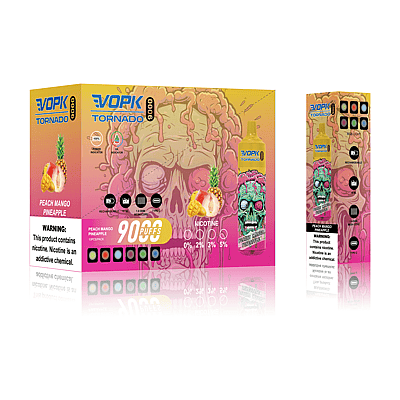 Packaging for Evopk Tornado 9000 Peach Mango Pineapple vape showing warning that product contains nicotine. Features a skull graphic, indicators for 90 puffs, and nicotine levels (0%, 2%, 3%, 5%).