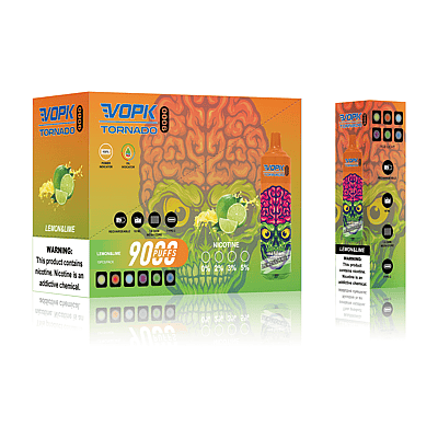 Packaging for VOPK Tornado 9000 Lemon & Lime vape, featuring a skull design, 9000 puffs, rechargeable, various nicotine levels (0%, 2%, 3%, 5%), and a warning about nicotine addiction.