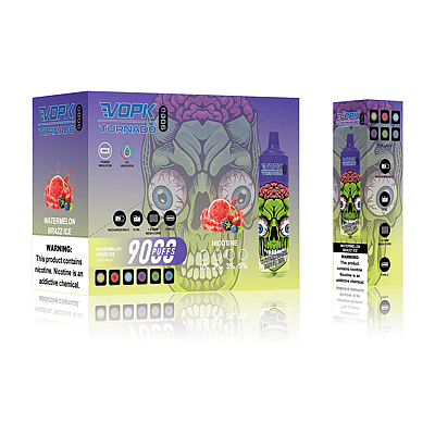 Product packaging for Vopk Tornado, featuring Watermelon Brazz Ice flavor. The box design includes a green skull graphic with brain and eyes, and information on 9000 puffs, nicotine levels, and rechargeable features. A nicotine warning label is displayed.