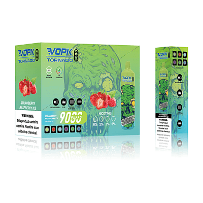 Packaging for a VOZOL Tornado 9000 vape, Strawberry Raspberry Ice flavor, featuring green skull artwork, strawberries, raspberries, and product information indicating 9000 puffs, rechargeable, with multiple nicotine levels. Warning label states nicotine is addictive.