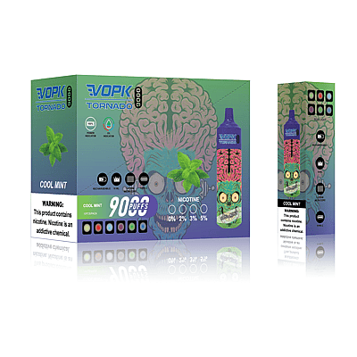 Cool Mint VOPK Tornado vape packaging showing a product with 9000 puffs, nicotine levels from 0% to 5%, and rechargeable battery with USB-C. Features a skull design with a brain illustration, mint leaves, and multiple indicators for battery and e-liquid level.