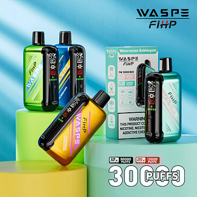 Een collectie WASPE FiHP vape-apparaten in verschillende kleuren, met 30.000 trekjes en verschillende nicotine-sterktes, weergegeven met een productdoos op de achtergrond.