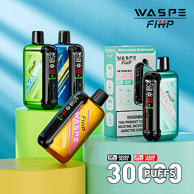 Une collection d'appareils de vapotage WASPE FiHP de différentes couleurs, proposant 30 000 bouffées et des options de concentration en nicotine, présentées avec une boîte de produits en arrière-plan.