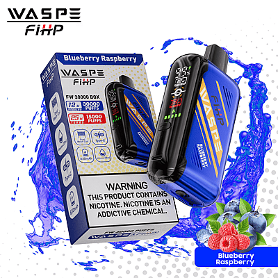 A Wasp FiHP vape device and its box, featuring Blueberry Raspberry flavor with 30000 puffs and nicotine warning.