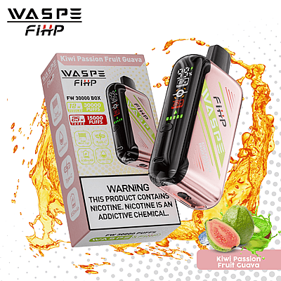 WASPE FiHP vape device and its packaging featuring Kiwi Passion Fruit Guava flavor, with a warning label about nicotine addiction.