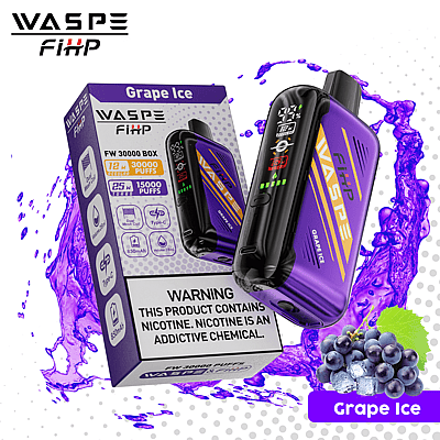 WASPE FIHP disposable vape with Grape Ice flavor, showing packaging and device. Features include 30000 puffs, 12mL nicotine, 28mL e-liquid, and Type-C charging. Contains nicotine warning.