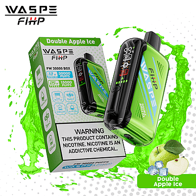 WASPE FiHP Double Apple Ice vape box showing the device and packaging, labeled with 30,000 puffs, nicotine content warning, and green apple imagery.