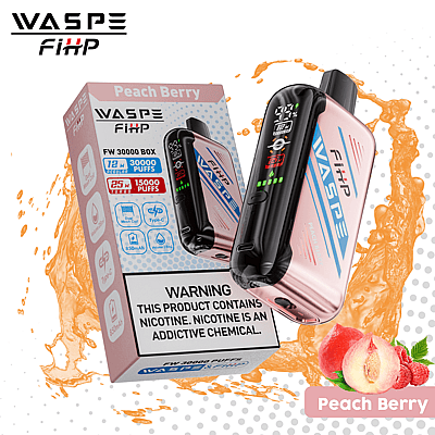 WASPE FiHP Peach Berry vape device and packaging displaying features such as 30,000 puffs, 850mAh battery, Type-C charging, and a 12ml e-liquid capacity.