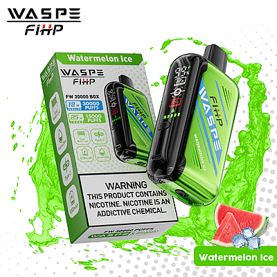 WASPE FiHP Watermelon Ice disposable vape box and device with 30,000 puffs, 850mAh battery, and 28ml e-liquid capacity, featuring a nicotine warning and watermelon ice flavor illustration.