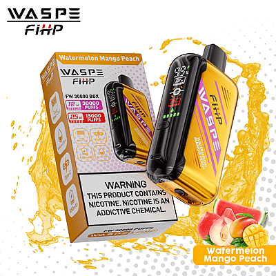 WASPE FiHP FW 30000 box vape device in Watermelon Mango Peach flavor with a yellow and black design, displaying 12mL capacity, 850mAh battery, 25W power, 15,000 puffs on screen, and nicotine warning.