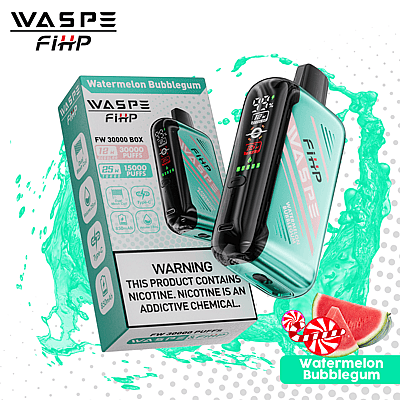 WASPE FiHP Watermelon Bubblegum disposable vape with 30,000 puffs displayed alongside packaging, featuring device details and nicotine warning label.