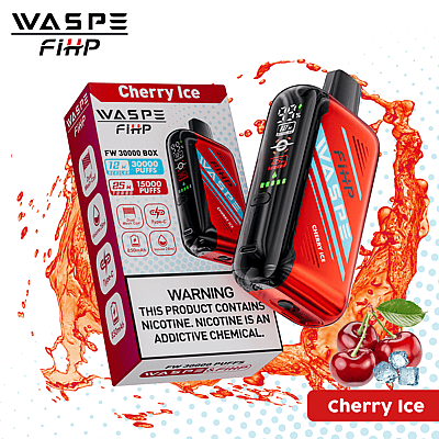 WASPE FiiHP Cherry Ice flavored vaping device packaging with device, cherry, and ice cube graphics. Warning label about nicotine addiction.
