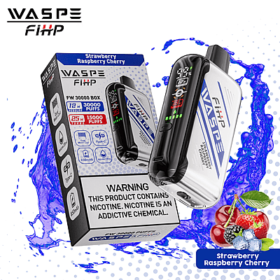 WASPE FIHP vape device and packaging box with "Strawberry Raspberry Cherry" flavor, featuring product specifications and a nicotine warning label.