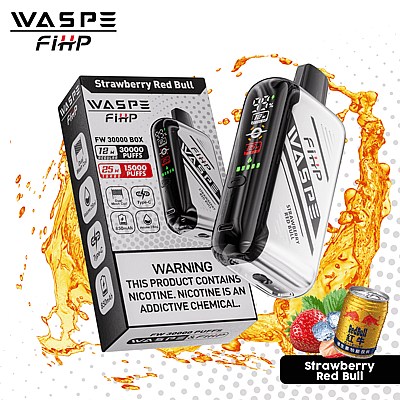 WASPE FiiHP vape device and packaging featuring a "Strawberry Red Bull" flavor with 30,000 puffs capacity, nicotine warning label, and product details.