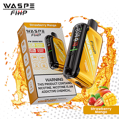 WASPE FiHP FW 30000 Box vape device with packaging, featuring "Strawberry Mango" flavor and warning label about nicotine.