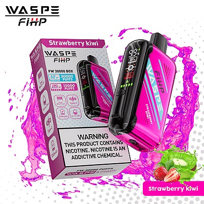 WASPE FihP FW 30000 Box disposable vape in strawberry kiwi flavor with 30,000 puffs, 850mAh battery, Type-C charging, and nicotine warning label on packaging.