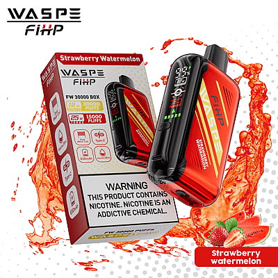 WASPE FiHP FW 30000 Box vape device in strawberry watermelon flavor, featuring 30000 puffs, a 25ml capacity, 850mAh battery, Type-C charging, and nicotine warning.