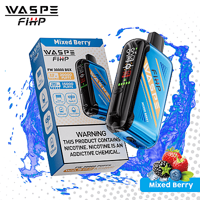 WASPE FiHP vape device with 30,000 puffs, mixed berry flavor, shown alongside its packaging, featuring key specifications like 12mL nicotine, Type-C charging, 850mAh battery, and multi-coil technology.